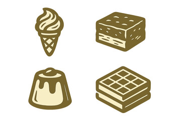 Stylized sweet dessert food items: soft serve ice cream cone, layered chocolate cake, creamy caramel pudding, and crispy waffle