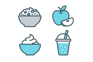 Diverse set of food and drink icons featuring breakfast cereal, fresh fruit, sweet dessert, and a cold beverage