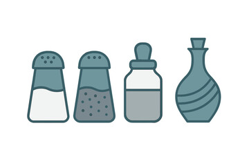 Collection of kitchen seasoning bottles and cruets including salt, pepper, oil, and vinegar for cooking and dining table use