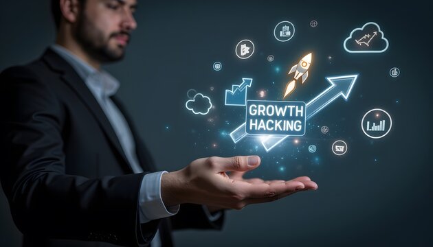 Businessman Holding Digital Symbols of Growth Hacking and Success Strategies