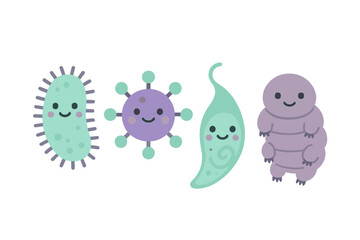 Adorable microscopic organisms: bacteria, virus, protozoa, and water bear tardigrade characters with happy faces