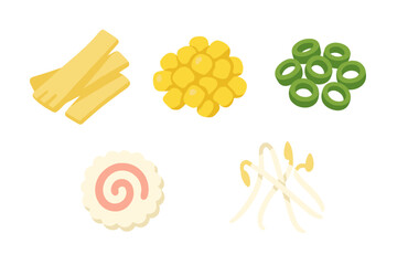 Assortment of fresh ramen noodle soup ingredients including corn kernels, sliced green onions, narutomaki fish cake, and bean sprouts