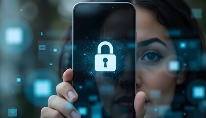 Woman Holding Smartphone with Lock Icon Illustrating Digital Security Concepts