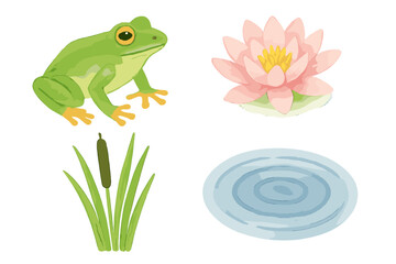 Collection of pond life elements featuring a green frog, blooming lotus flower, cattail plant, and water ripples