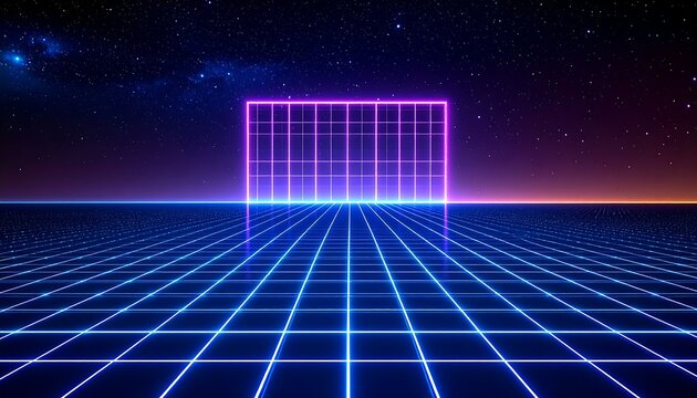 Neon grid pathway to a glowing portal
