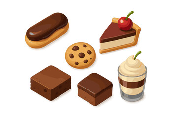 Sweet dessert collection with chocolate eclair, chip cookie, cherry cheesecake, brownies, and layered parfait