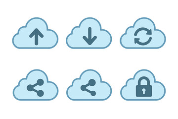 Collection of cloud technology symbols representing data transfer, sharing, synchronization, and secure online storage