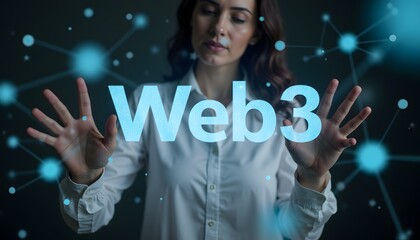 Woman Interacting with Web3 Conceptual Technology Background and Digital Network Symbols