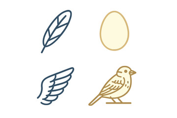 Collection of bird related icons including feather, egg, wing, and small bird symbol on white background
