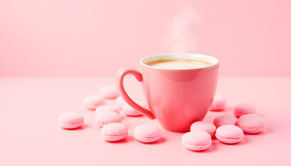 cup of coffee with pink macarons on pink background