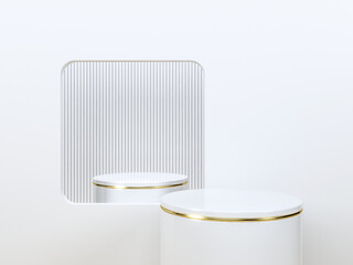 White Minimal Podium with Rounded Square Frame and Vertical Line Background. 3d rendering
