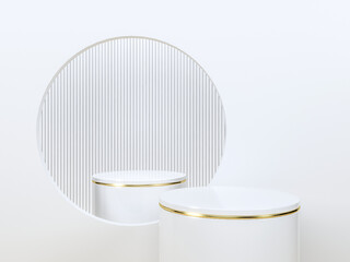 Circular Frame White Podium with Vertical Silver Lines in Minimal Scene. 3d rendering