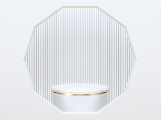Octagon Frame White Minimalist Podium with Vertical Silver Stripes. 3d rendering