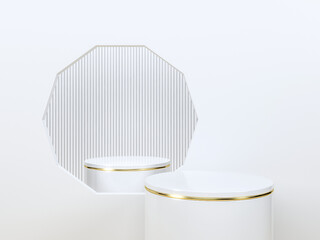 Modern Octagon Frame White Podium with Dual Display Platforms. 3d rendering