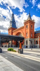Fototapeta premium Architectural train station facade under a partly cloudy sky