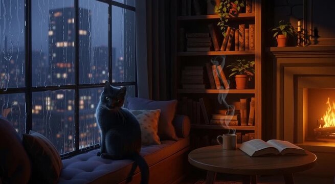 Cozy room with a cat watching city rain by a warm fireplace