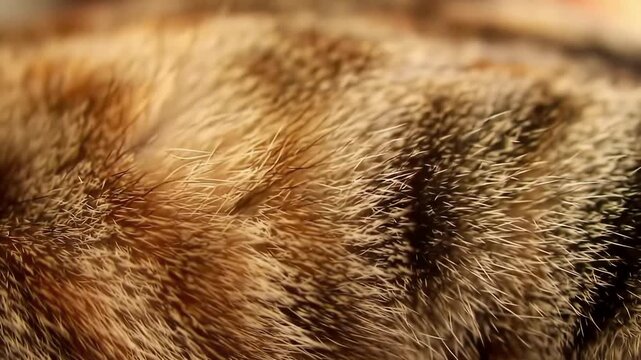 An extreme closeup macro video showing the detailed texture and pattern of a domestic tabby cats soft brown and black striped fur coat.