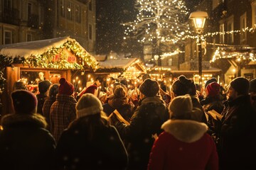 Festive christmas market caroling creates magical winter night ambiance as group gathers under gently falling snow surrounded by warm glowing lights. Christmas Festival concept.