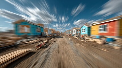 Construction site with new houses and dramatic sky with motion blur effect