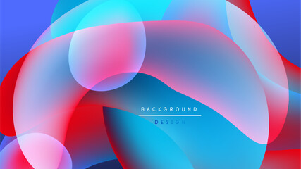 Abstract fluid shapes overlap, creating vibrant blue, red, pink gradients. Dark background emphasizes glowing forms. Modern design element.
