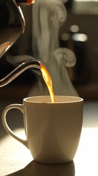 Hot tea is being poured from the teapot into the cup. video