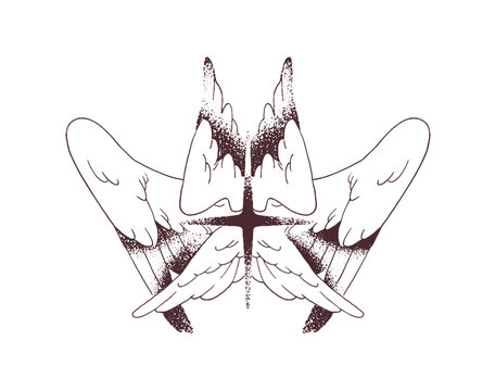 Vintage tattoo of seraphim in dotwork style. Sketch of biblical archangel. Retro tatto of winged angel from Bible. Cherubim tatoo. Hand drawn outline isolated vector illustration on white background