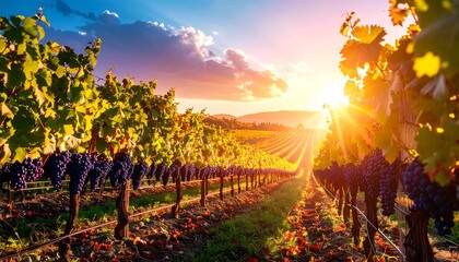Fototapeta premium Vineyard at Sunset with Rows of Grapes and Golden Light Scenery