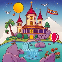 Fototapeta premium Fantasy castle on a tropical island with waterfall hot air balloon and colorful sky