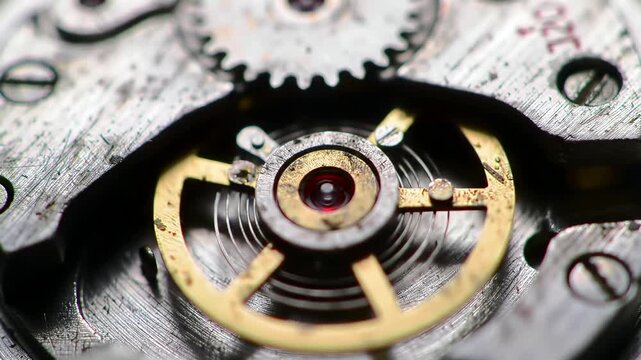 An intricate macro view of a classic mechanical watch movement with the balance wheel and hairspring oscillating precisely to regulate time.