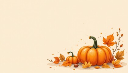 Naklejka premium Autumn Still Life with Pumpkins and Leaves Neutral Background