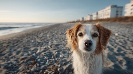 Close Up Portrait of an Alert Brown and White Dog Standing on Sandy Beach with Ocean View on a Sunny Day with White Buildings