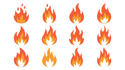 A set of 9 minimalist fire icon designs arranged in a 3x3 grid against a white background 