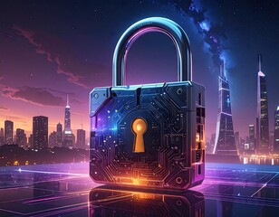 Cybersecurity Padlock Hologram over Futuristic Cityscape