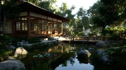 Obraz premium Tranquil japanese garden with a traditional wooden house and a serene pond reflecting the lush greenery