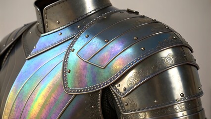 Naklejka premium Metallic iridescent armor plates reflecting light in a detailed display