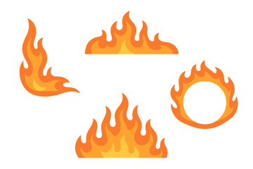 Abstract stylized fire flames set with various burning shapes and hot elements for graphic design projects, dynamic energy, and vibrant visual effects