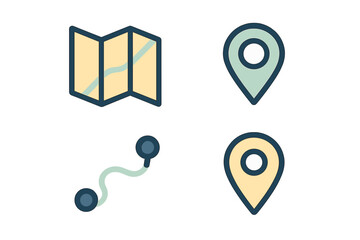 Modern graphic set of navigation and location map pins with route path and folded map icons for travel applications