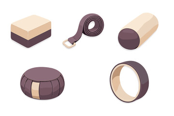 Essential yoga and meditation accessories including block, strap, bolster, cushion, and wheel for fitness and mindfulness