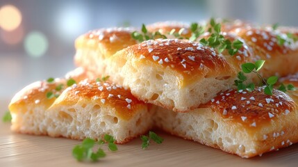 Close Up Stack of Golden Bread with Fresh Herbs and Sparkling Topping on Wooden Surface, Soft Focus Background, Warm Lighting