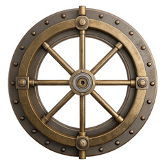 Detailed submarine pressure hatch locking wheel mechanism with rivets and spokes isolated isolated on transparent background