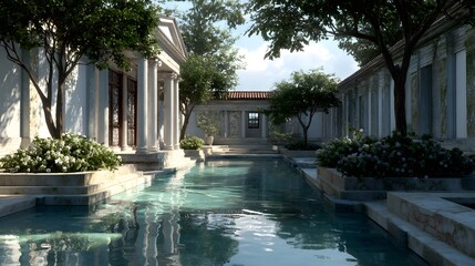 Obraz premium Ancient roman courtyard with a long swimming pool and lush greenery