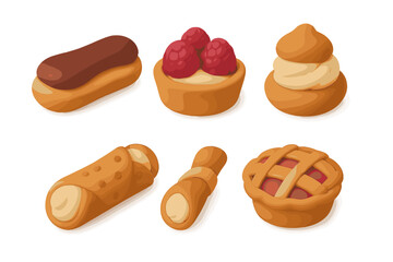 Assortment of delicious clay-style pastries and sweet treats including eclairs, tarts, cannoli, and cream puffs