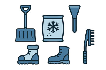 Essential winter snow removal equipment set including shovel, de-icing salt, ice scraper, snow brush, and warm boots for cold weather