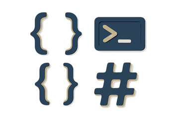 Abstract programming and coding symbols featuring curly braces, command line prompt, and hashtag for software development and digital communication concepts