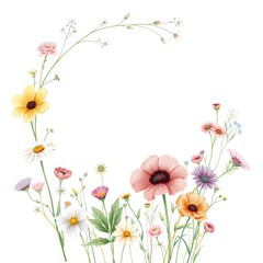 A whimsical arrangement of colorful wildflowers and delicate green stems forms an arc on a white background