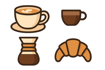 Stylized coffee cups, pour-over carafe, and fresh croissant for breakfast, cafe, and beverage concepts