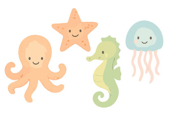 Adorable smiling ocean animals collection featuring a cute octopus, starfish, seahorse, and jellyfish characters for kids