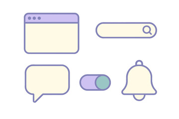Collection of user interface elements including browser window, search bar, chat bubble, toggle switch, and notification bell