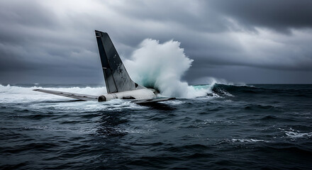 Submerged Light Aircraft's Tail Section Hit by Powerful Ocean Wave During Stormy Conditions