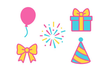 Colorful party celebration elements including balloon, gift, bow, hat, and confetti burst on white background